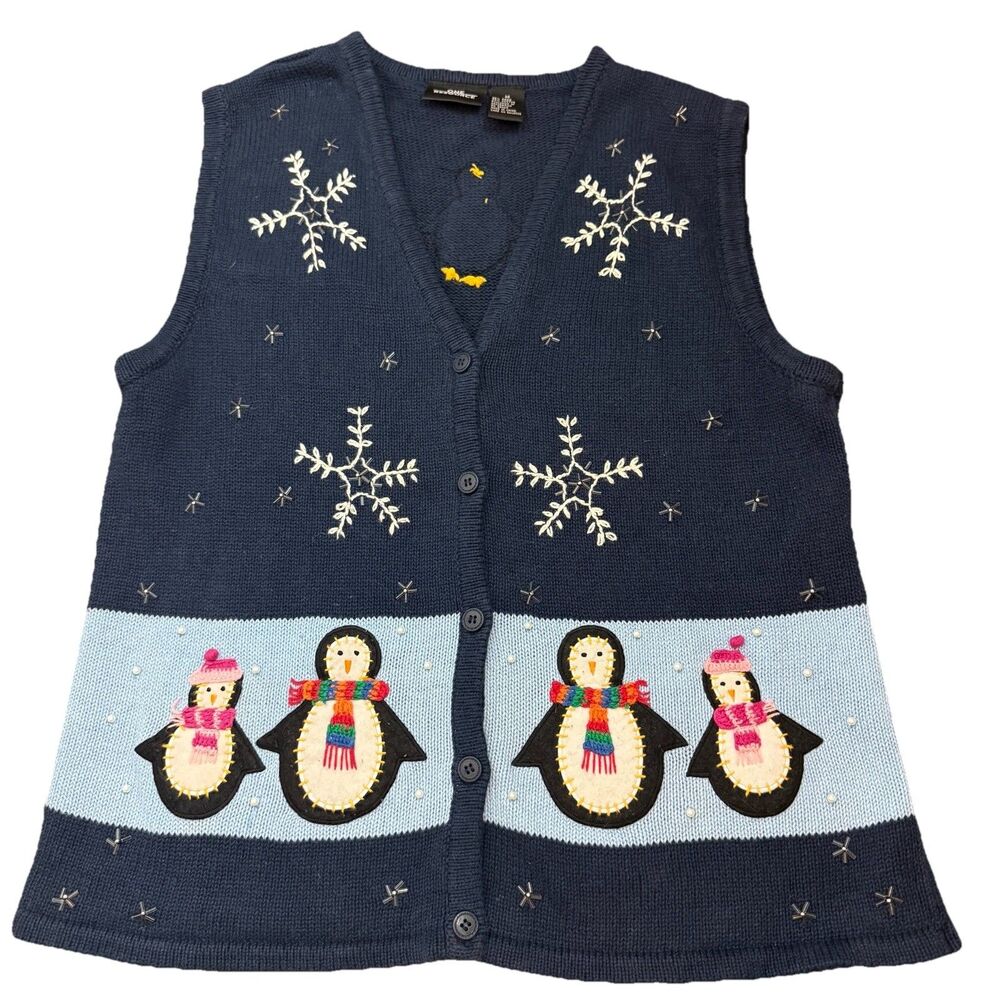 Vintage Christmas Beaded Penguin Button Down Vest Holiday Winter Oversized Sz M